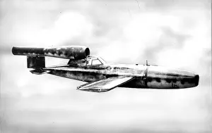 Prints of Illustration of a piloted kamikaze V1, a variant of the regular V1 flying bomb, modified to include a manned cockpit in the hopes of more accurate targeting, 1940s. (Photo by PhotoQuest/Getty Images) Timeless Moments: A Visual Journey Through History’s Defining Images: Piloted V1 Flying Bomb