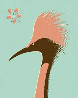 Human Face Prints: Pink and Brown Crane on Blue Background