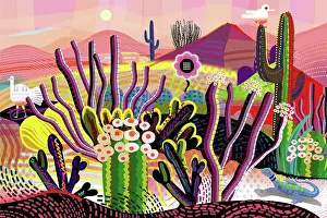 Pink Desert, Cactus, Mountains in distance Landscape Fantasy Illustration