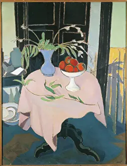 Oil Painting Prints: Pink Table with Fruitstand and Flowerpot
