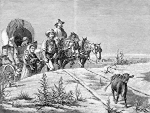 Pilgrim Prints: Pioneer Family W/Covered Wagon Traveling