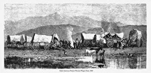 Images Dated 20th June 2017: Pioneer Western Wagon Train, Early American Victorian Engraving, 1868