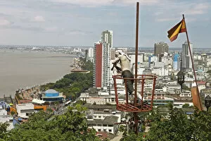 Images Dated 25th July 2014: Pirate figure on Cerro Santa Ana looking on Malecon Simon Bolivar with a telescope, Guayaquil