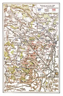Prints of Illustration of a Plan of the battlefield of The Battle of Koniggratz, also known as the Battle of Sadowa, Sadova, or Hradec Kralove, was the decisive battle of the Austro-Prussian War Historcal Battle Maps And Plan Prints: Plan of the battlefield of The Battle of KAoniggrAÔé¼tz