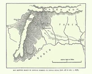Prints of Vintage illustration of Plan showing march of General Frederick Roberts to Peiwar Kotal, during the Second Anglo-Afghan War, 1870s, 19th Century Historcal Battle Maps And Plan Prints: Plan showing march of General Frederick Roberts to Peiwar Kotal