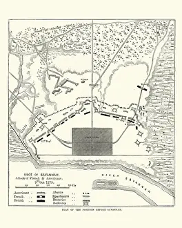 Prints of Vintage engraving of a plan of the Siege of Savannah or the Second Battle of Savannah was an encounter of the American Revolutionary War (1775-1783), in 1779 Historcal Battle Maps And Plan Prints: Plan of the Siege of Savannah, 1779, American Revolutionary War