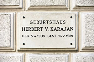 Images Dated 13th August 2013: Plaque at the birthplace of the conductor Herbert von Karajan, Salzburg, Salzburg State, Austria