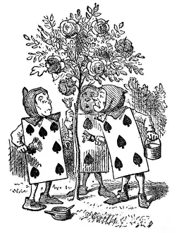 Three playing cards standing by a tree - Alice in Wonderland 1897