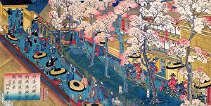 Umbrellas Prints: Pleasure Quarters with Cherry Blossoms in Full Bloom