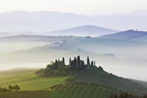 Break Of Dawn Gallery: Podere Belvedere in the morning fog, San Quirico, Val dOrcia, Tuscany, Italy, Europe, PublicGround