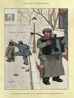 Police officer moving on roast chestnut street vendor and homeless man, Vintage French cartoon