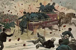 Riot Prints: Police in Wagon Being Attacked by Mob with Rocks