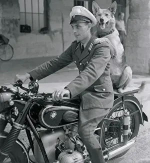 Policeman and His Dog Riding Together on a Motorcycle