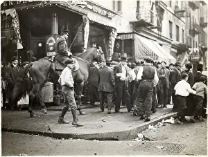 Mounted Prints: Policeman On Horse Clears Sidewalk