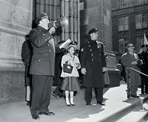 Pre Teen Girl Prints: Policeman with megaphone and lost girl (13-15 years) during Easter Parade