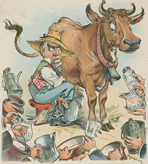 Strategy Prints: Political Cartoon of Men Waiting for Milk from Cow by Keppler