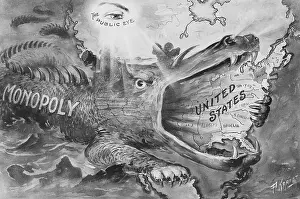 Eyes Prints: Political Cartoon of Monopoly Devouring United States