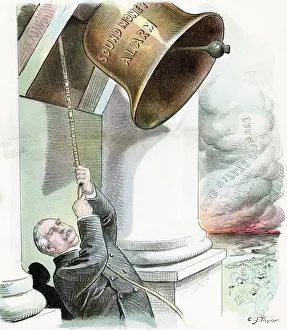 Political Cartoon of President Cleveland Pulling Bell by C.J. Taylor