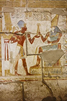 Images Dated 7th November 2015: Polychromatic hieroglyphic showing The god Horus and Pharaoh Seti I at Abydos