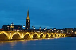Bordeaux Prints: Pont De Pierre, Basilica Saint Michel, Bordeaux, Gironde, Aquitaine, France
