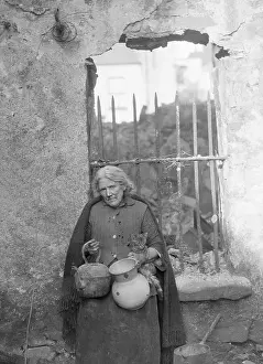 Poor Person Prints: Poor Old Irish Woman Holding Cat and Jugs