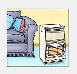 Images Dated 30th November 2006: Portable gas fire heater next to a sofa