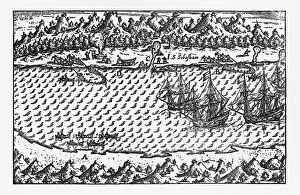 103626 Collection: Porto Deseado Historical Map by Van Noort, Circa 1598