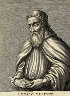 Transfer Print Prints: Portrait of Amerigo Vespucci Holding a Map