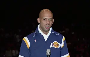 Kareem Abdul-Jabbar Prints: Portrait of Basketball Great Kareem Abdul Jabbar at Microphone