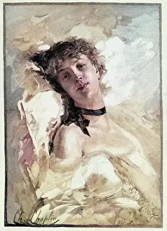 Portrait of a beautiful woman with ribbon tied round her neck, L'age D'or, Charles Joshua Chaplin, Victorian, French, 1890, 19th Century