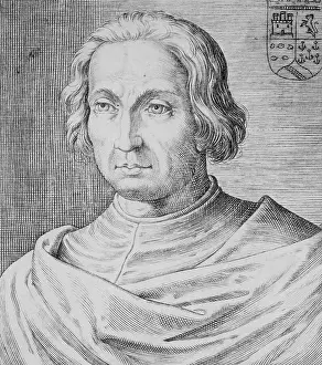 Prints of (Original Caption). Christopher Columbus, (1451-1506), Master mariner, discoverer of America, 1492 Timeless Visions: Icons of Art and History: Portrait of Explorer Christopher Columbus
