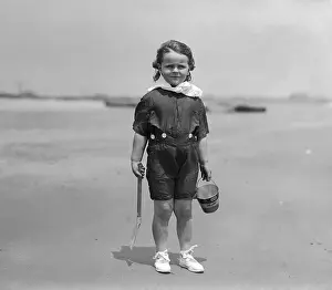 Pail Prints: Portrait of girl (8-9 years) on beach. Narragansett, Rhode Island, USA. July 22, 1914