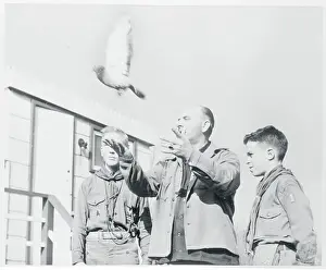 Portrait of Harold Saunders Releasing Pigeon
