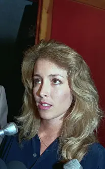 Indifference Prints: Portrait of Hart Scandal Subject Donna Rice at Microphones