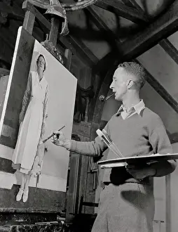 Portrait of Norman Rockwell Smoking Pipe and Painting