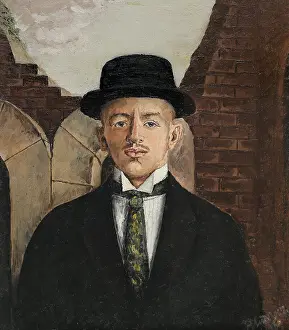Poet Prints: Portrait of the poet Vasili Kamensky (1884-1961) in a Top Hat, 1917