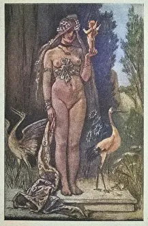 Portrait of a Sorceress or witch holding a fairy in her hand, Félicien Rops, Art Nouveau, Jugendstil, 1899, Vintage illustration