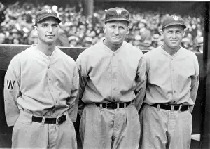 Prints of Portrait of, from left, baseball players Monte Weaver, Walter Johnson, and Carl Reynolds, all of the Washington Senators, as they pose before a game at Griffith Stadium, Washington DC, 1932 MLB Legends Art Prints: Top 10 Greatest Baseball Players of All Time: Portrait Of Weaver, Johnson, and Reynolds