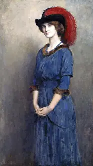 Cloth Prints: Portrait of a woman in a blue dress with a red hat and pearl necklace