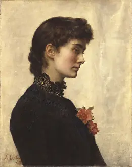 Direct Look Prints: A portrait of a woman in profile with black clothing and a red flower against an ivory-coloured background