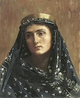 Contemplative Prints: A portrait of a woman with a veil and golden headdress