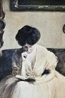 Portrait of a young woman engrossed in reading a book, Art Nouveau, Jugendstil, 1899, Vintage illustration