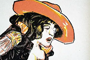 Portrait of a young woman, wearing large brimmed orange hat, Art Nouveau, Jugendstil, 1899, Vintage illustration