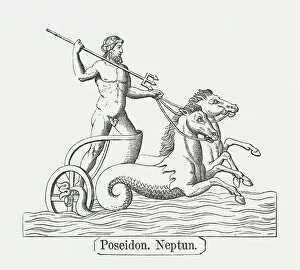 Images Dated 17th August 2014: Poseidon, or Neptune, Greek Roman mythology, wood engraving, published 1878