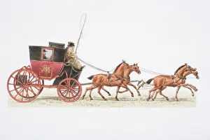 Mail Prints: Postboy driving 1784 mail coach drawn by four horses, side view