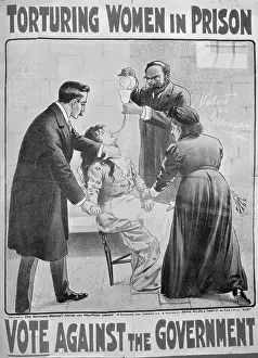 Prints of (Original Caption). USA: Suffragette poster showing abuse of suffragettes. The poster shows artificial feeding of suffragettes in prison, ca. 1905 Voices of Liberty: Suffragettes in Action: Poster of Prison Workers Force Feeding a Suffragette Inmate