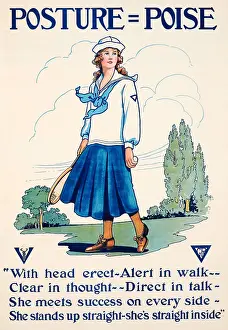 Prints of vintage YWCA motivational health poster for the 'Girl Reserves' featuring stylised text in blue above with a rhyme below The Grand Slam Gallery: Posture = Poise