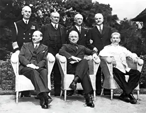 Prints of The scene in the palace garden at Potsdam as the Big Three posed for photographers just before the final peace conference meeting, Potsdam, Germany, August 10, 1945 A Quiet Strength: A Leader Who Shaped Modern Britain: Potsdam Big Three Conference