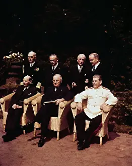 Prints of (Original Caption). Peace Conferences. Potsdam, Germany: Scene in the Palace Garden at Potsdam as the Big Three posed for photographers just before the final conference meeting A Quiet Strength: A Leader Who Shaped Modern Britain: Potsdam Conference