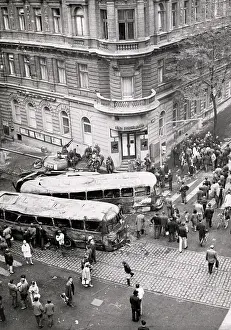 Barricade Prints: Prague Citizens Behind Bus/Tank On Corne